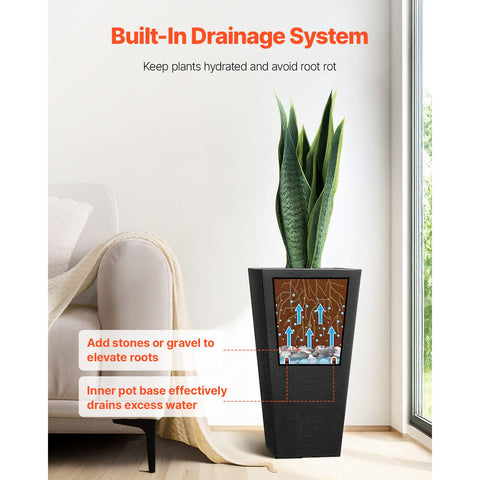 Tall Planter, Set of 2 Tall Square Tapered Planters, 57 cm Large Modern Gardening and Flower Plastic Pots, Decorative Tall Black Planter with Drainage Hole, for Porch, Patio, Indoor & Outdoor