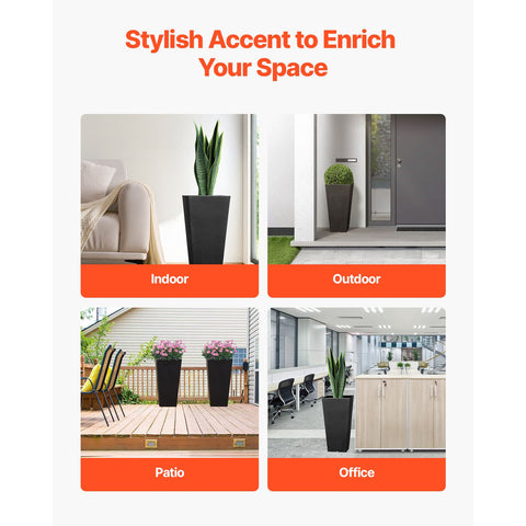 Tall Planter, Set of 2 Tall Square Tapered Planters, 57 cm Large Modern Gardening and Flower Plastic Pots, Decorative Tall Black Planter with Drainage Hole, for Porch, Patio, Indoor & Outdoor