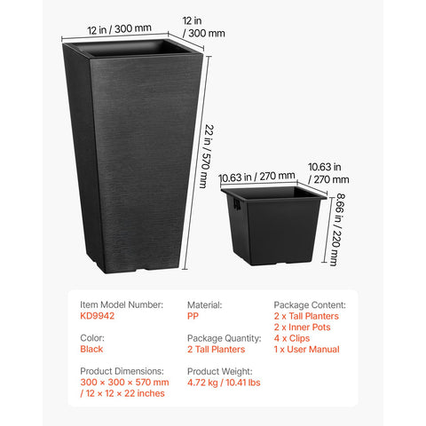 Tall Planter, Set of 2 Tall Square Tapered Planters, 57 cm Large Modern Gardening and Flower Plastic Pots, Decorative Tall Black Planter with Drainage Hole, for Porch, Patio, Indoor & Outdoor