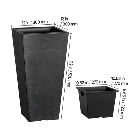 Tall Planter, Set of 2 Tall Square Tapered Planters, 57 cm Large Modern Gardening and Flower Plastic Pots, Decorative Tall Black Planter with Drainage Hole, for Porch, Patio, Indoor & Outdoor