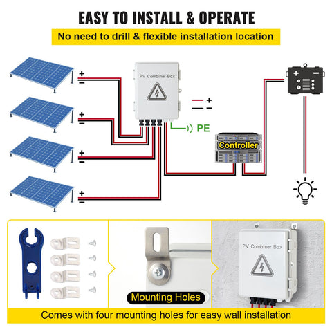 PV Combiner Box, 4 String with 15A Rated Current Fuse, 63A Circuit Breaker, Lightning Arreste Connector for On/Off Grid Solar Panel System, IP65