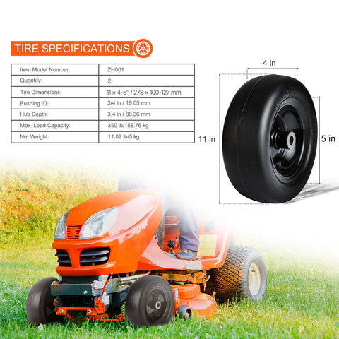 Lawn Mower Tires with Rim, 11x4-7" Tubeless Tractor Tires, 2-Pack Tire and Wheel Assemby, Flat-free PU Tire, 3.4" Centered Hub, 3/4" Bushing Size, 20 PCS Adapters for Riding Mowers Lawn Tractors