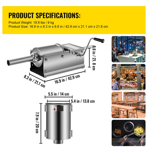 Manual Sausage Stuffer, 3 L / 7 LBS Horizontal Sausage Machine, Dual-Speed Meat Stuffer, Made of Food-Grade 304 Stainless Steel, Includes 5 Stuffing Tubes, for Home Kitchen Restaurant Commercial