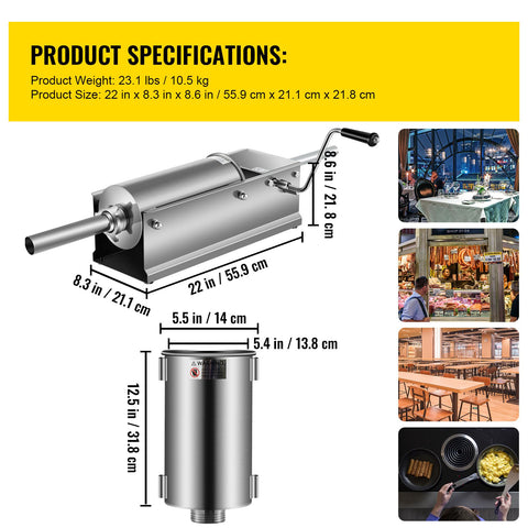 Manual Sausage Stuffer, 5 L / 11 LBS Horizontal Sausage Machine, Dual-Speed Meat Stuffer, Made of Food-Grade 304 Stainless Steel, Includes 5 Stuffing Tubes, for Home Kitchen Restaurant Commercia