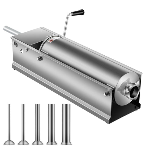 Manual Sausage Stuffer, 7 L / 15 LBS Horizontal Sausage Machine, Dual-Speed Meat Stuffer, Made of Food-Grade 304 Stainless Steel, Includes 5 Stuffing Tubes, for Home Kitchen Restaurant Commercia