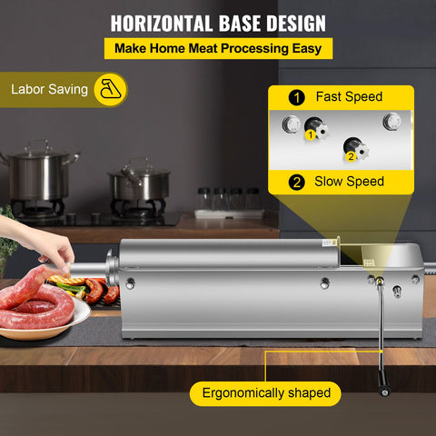 Manual Sausage Stuffer, 7 L / 15 LBS Horizontal Sausage Machine, Dual-Speed Meat Stuffer, Made of Food-Grade 304 Stainless Steel, Includes 5 Stuffing Tubes, for Home Kitchen Restaurant Commercia