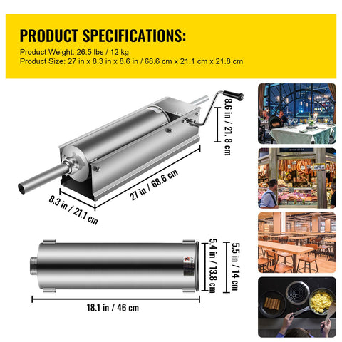Manual Sausage Stuffer, 7 L / 15 LBS Horizontal Sausage Machine, Dual-Speed Meat Stuffer, Made of Food-Grade 304 Stainless Steel, Includes 5 Stuffing Tubes, for Home Kitchen Restaurant Commercia