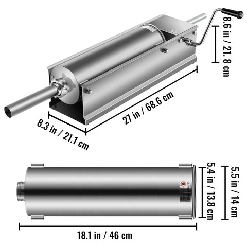 Manual Sausage Stuffer, 7 L / 15 LBS Horizontal Sausage Machine, Dual-Speed Meat Stuffer, Made of Food-Grade 304 Stainless Steel, Includes 5 Stuffing Tubes, for Home Kitchen Restaurant Commercia