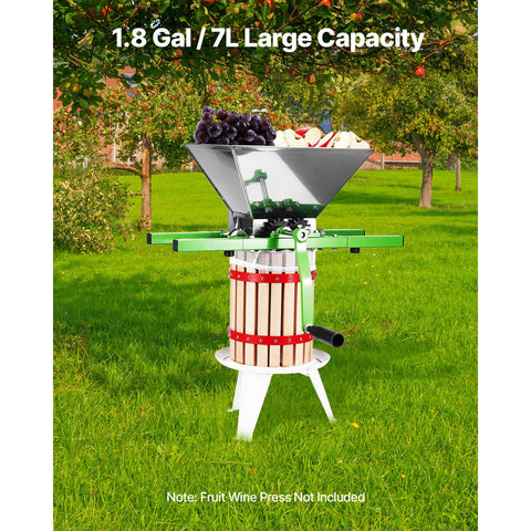 1.8 Gal/7L Fruit and Apple Crusher, Large Manual Grinder, Stainless Steel Fruit Scratter Pulper for Wine Cider Apple Grape Pressing, with Roller Handle for Kitchen Home, Green