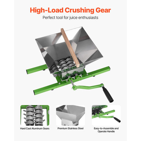 1.8 Gal/7L Fruit and Apple Crusher, Large Manual Grinder, Stainless Steel Fruit Scratter Pulper for Wine Cider Apple Grape Pressing, with Roller Handle for Kitchen Home, Green