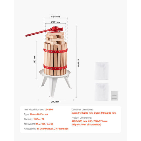 1.6 Gal/6L Fruit Wine Press, Solid Wood Basket with 8 Blocks, Heavy Duty Manual Juice Maker, Cider Apple Grape Tincture Honey Olive Oil Making Press with Handle for Kitchen, Home