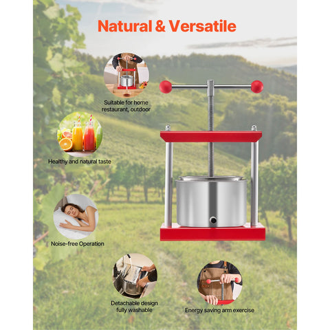 0.8 Gal/3L Fruit Wine Press, 2 Stainless Steel Barrels, Manual Juice Maker, Cider Apple Grape Tincture Honey Olive Oil Making Press with T-Handle for Outdoor Kitchen Home
