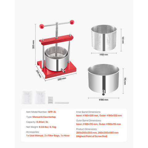 0.8 Gal/3L Fruit Wine Press, 2 Stainless Steel Barrels, Manual Juice Maker, Cider Apple Grape Tincture Honey Olive Oil Making Press with T-Handle for Outdoor Kitchen Home