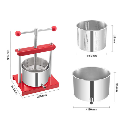 0.8 Gal/3L Fruit Wine Press, 2 Stainless Steel Barrels, Manual Juice Maker, Cider Apple Grape Tincture Honey Olive Oil Making Press with T-Handle for Outdoor Kitchen Home