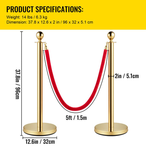 4PCS Gold Stanchion Posts Queue, 38 Inch Red Velvet Rope, Crowd Control Barriers Queue Line Rope, Barriers for Party Supplies