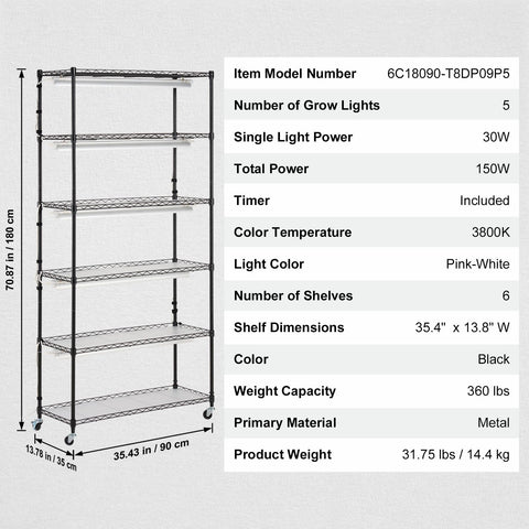 Plant Stand with Grow Light 6 Tiers 180W 180 cm Indoor Plant Grow Shelf