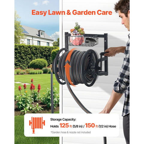 Wall Mounted Garden Hose Reel 125ft 5/8 in Metal Hose Reel with Basket