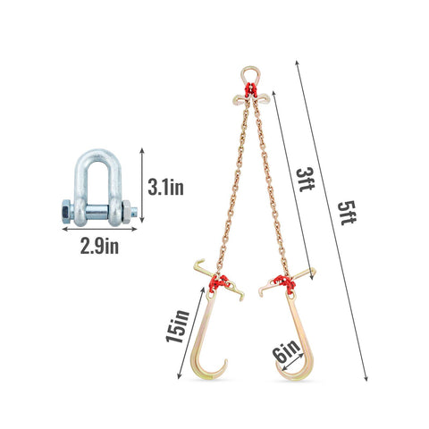 V-Chain Bridle, 4364 kg Working Load Limit, 8 x 914.4 mm G80 Tow Chain with RTJ Cluster Hooks, DOT Certified, Galvanized Coating Manganese Steel & D-Shackle, for Lifting & Moving Activities