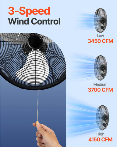 Industrial Wall Mount Fan Waterproof Metal Fan 17.6'' 3 Speed Airflow