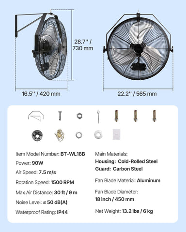Industrial Wall Mount Fan Waterproof Metal Fan 17.6'' 3 Speed Airflow