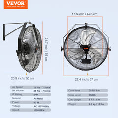 VEVOR Industrial Wall Mount Fan Waterproof Metal Fan 17.6'' 3 Speed Airflow