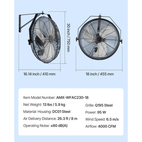 615mm Industrial Wall Mount Fan 3 Speed 4650 CFM for Garage Greenhouse