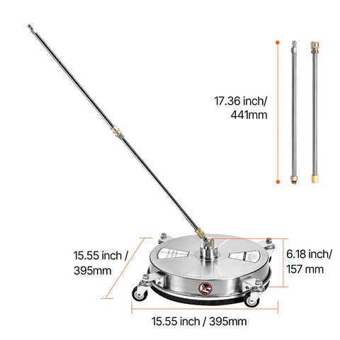 15" Pressure Washer Surface Cleaner 4 Wheels 4000 Max PSI 2 Extended Wands