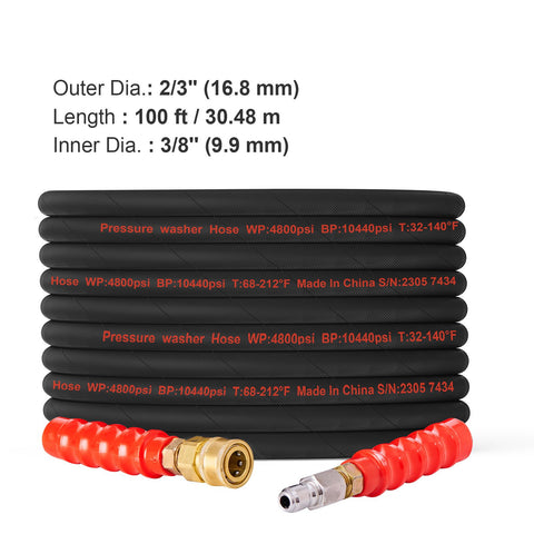 Pressure Washer Hose, 100FT, Kink Free 3/8"-φ14.8 Male, 3/8"-φ15 Female For Most Brand Pressure Washers, 4.9'' Bending Radius, 4800 PSI Heavy Duty Power Washer Extension Replacement Hose