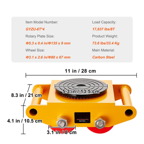 4PCS Machinery Skate Dolly, 17637LBS/8T Industrial Machinery Mover, Heavy Duty Carbon Steel Machinery Moving Skate with 4 PU Wheels and 360° Rotation Non-Slip Cap for Warehouse Workshop Factory