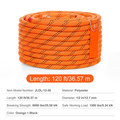 Double Braided Polyester Rope, 12.7 mm x 36.57 m, 48 Strands, 35.58kN Breaking Strength Outdoor Climbing Rope, Arborist Rigging Rope for Rock Hiking Camping Swing Rappelling Rescue, Orange/Black