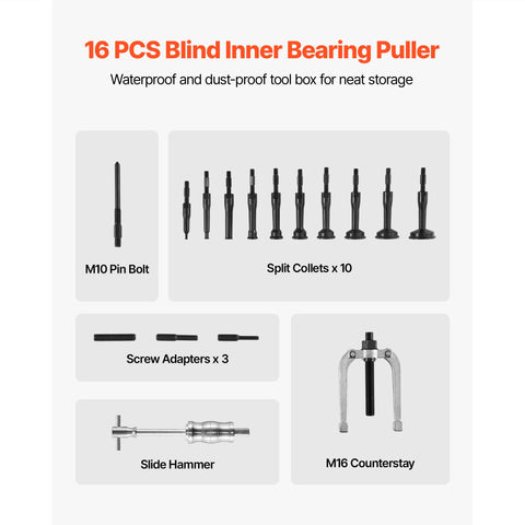 Blind Hole Bearing Puller Set, 16-in-1 Inner Bearing Race and Seal Extractor Kit, 16 PCS Slide Hammer Pilot Insert Inner Internal Bearing Removal Tool Set with 10 Split Collets and Counterstay