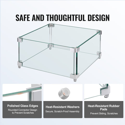 Gas Fire Pit Wind Guard for Square Fire Table, 380 x 380 x 180 mm Clear Tempered Wind Guard for Firepits, 8mm Thick Square Glass Shield, Glass Panel with Hard Corner Bracket & Feet
