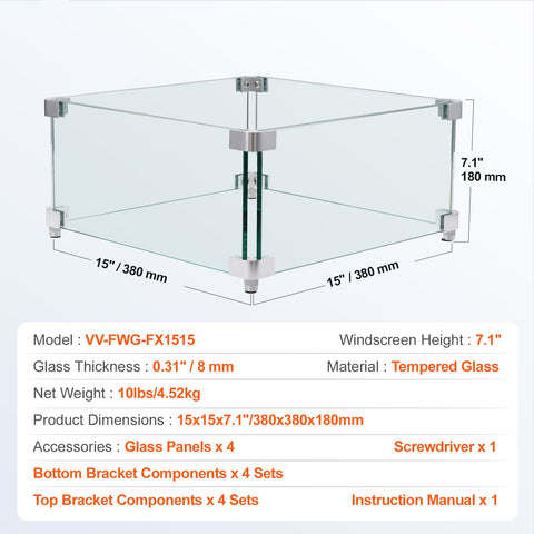 Gas Fire Pit Wind Guard for Square Fire Table, 380 x 380 x 180 mm Clear Tempered Wind Guard for Firepits, 8mm Thick Square Glass Shield, Glass Panel with Hard Corner Bracket & Feet