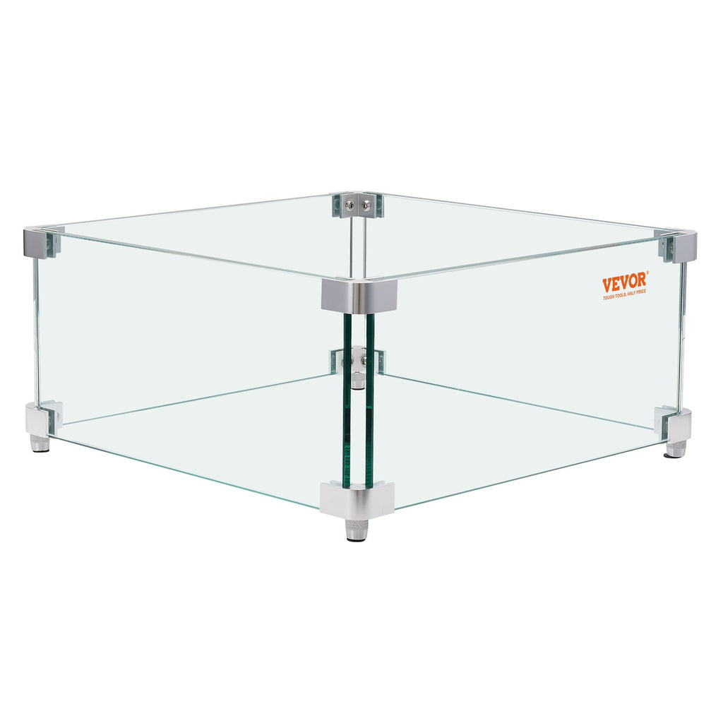 Gas Fire Pit Wind Guard for Square Fire Table, 380 x 380 x 180 mm Clear Tempered Wind Guard for Firepits, 8mm Thick Square Glass Shield, Glass Panel with Hard Corner Bracket & Feet