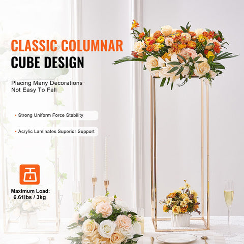10PCS 31.5inch/80cm High Wedding Flower Stand, With Acrylic Laminate,Metal Vase Column Geometric Centerpiece Stands, Gold Rectangular Floral Display Rack for Events Reception, Party Decoration