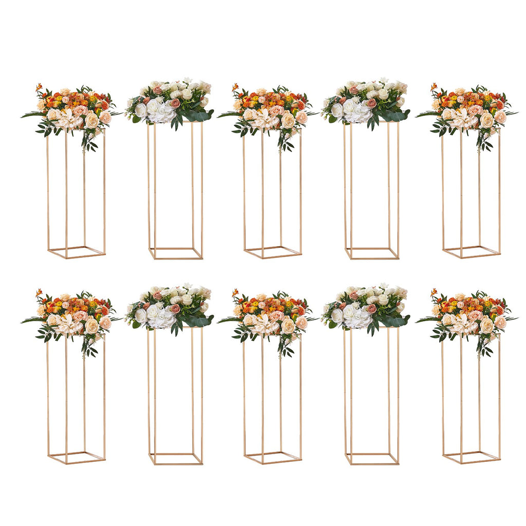 10PCS 31.5inch/80cm High Wedding Flower Stand, With Acrylic Laminate,Metal Vase Column Geometric Centerpiece Stands, Gold Rectangular Floral Display Rack for Events Reception, Party Decoration