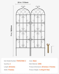VEVOR 2 Packs Metal Garden Trellis for Climbing Plant Support 71x20 in Rustproof