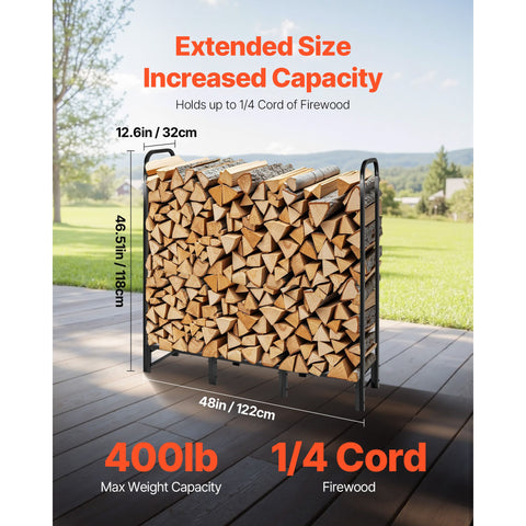 Firewood Rack with Waterproof Cover, 1.22m Outdoor Firewood Holder, 1/4 Cord Storage Metal Log Holder, 400lb Max Weight Capacity, Top Covered, Powder-Coated Wood Storage Rack for Fireplace Deck