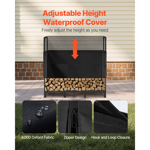 Firewood Rack with Waterproof Cover, 1.22m Outdoor Firewood Holder, 1/4 Cord Storage Metal Log Holder, 400lb Max Weight Capacity, Top Covered, Powder-Coated Wood Storage Rack for Fireplace Deck