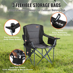 VEVOR Camping Folding Chair for Adults, Portable Heavy Duty Outdoor Quad Lumbar Back Padded Arm Chairs with Side Pockets, Cup Holder and Cooler Bag for Beach, Lawn, Picnic, Fishing, Backpacking, Black