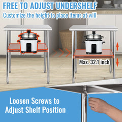 VEVOR Stainless Steel Work Prep Table Commercial Food Prep Table 30x30x36in