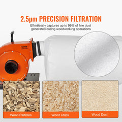 VEVOR Dust Collector, 1HP 460 CFM Air Flow, Rolling Dust Collector with 80L Large Dust Collection Bag, 2.5 Micron Bag Filtration, Industrial Workshop Mobile Wood Dust Container with Handle and Wheels