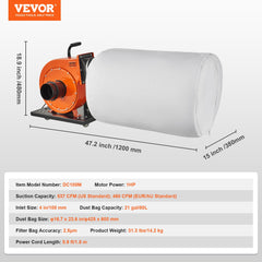 VEVOR Dust Collector, 1HP 460 CFM Air Flow, Rolling Dust Collector with 80L Large Dust Collection Bag, 2.5 Micron Bag Filtration, Industrial Workshop Mobile Wood Dust Container with Handle and Wheels