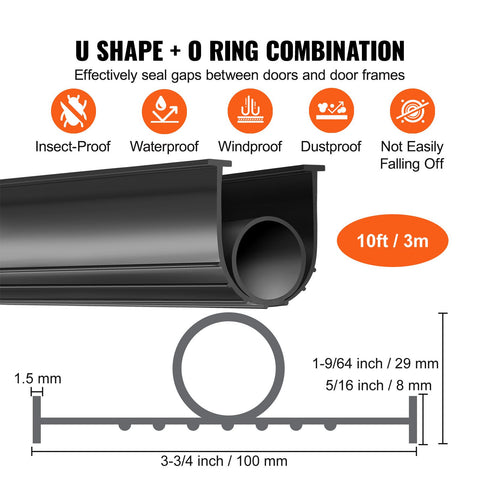 Garage Door Seals Bottom Rubber, U Shape +O Ring Combination Garage Door Bottom Weather Seal, 10ft Weatherproofing Garage Door Seal, 5/16 inch T-ends and 3 3/4 inch Width, for Doors, Black