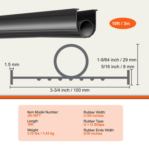 Garage Door Seals Bottom Rubber, U Shape +O Ring Combination Garage Door Bottom Weather Seal, 10ft Weatherproofing Garage Door Seal, 5/16 inch T-ends and 3 3/4 inch Width, for Doors, Black
