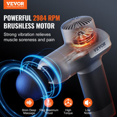 VEVOR Massage Gun Deep Tissue, Percussion Muscle Massager for Athletes - with 5 Speed Levels & 6 Massage Heads, 7.4V 2500mAh Batteries, Handheld Electric Massage Gun for Pain Relief, Muscle Relaxation