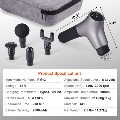 Massage Gun Deep Tissue, Percussion Muscle Massager for Athletes - with 6 Speed Levels & 4 Massage Heads, 12V 2500mAh Batteries, Handheld Electric Massage Gun for Pain Relief, Muscle Relaxation