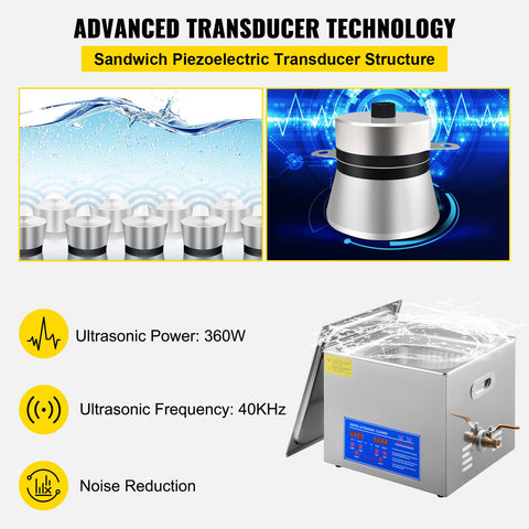 Powerful Stainless Steel 13.5-15 L Liters Ultrasonic Cleaner 360W Digital Heater Timer