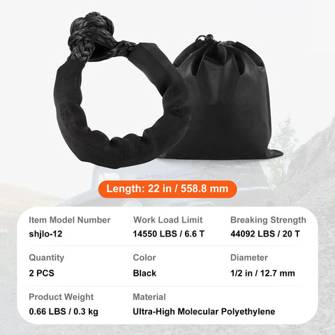Synthetic Soft Shackle Rope, 2 Pack 12.7 x 558.8 mm 20 Ton Breaking Strength, Recovery Tow Shackles with Extra 2 Sleeves and Storage Bag for UTV, ATV, Trucks, Jeep, Off-Road Vehicles, Black