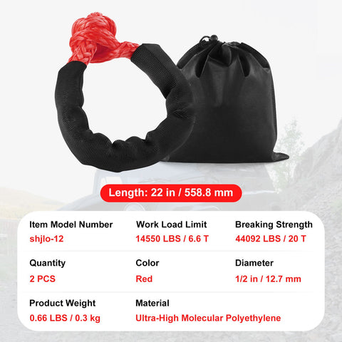 Synthetic Soft Shackle Rope, 2 Pack 12.7 x 558.8 mm 20 Ton Breaking Strength Recovery Tow Shackles with Extra 2 Sleeves and Storage Bag for UTV, ATV, Trucks, Jeep, Off-Road Vehicles Towing, Red